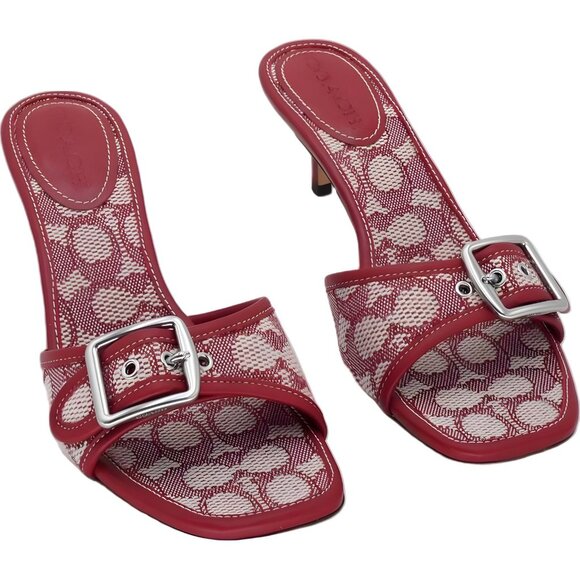 Coach Margot Kitten Heel Slide Sandals Ruby Signature Buckle US 9.5M EU 40 - Picture 1 of 6